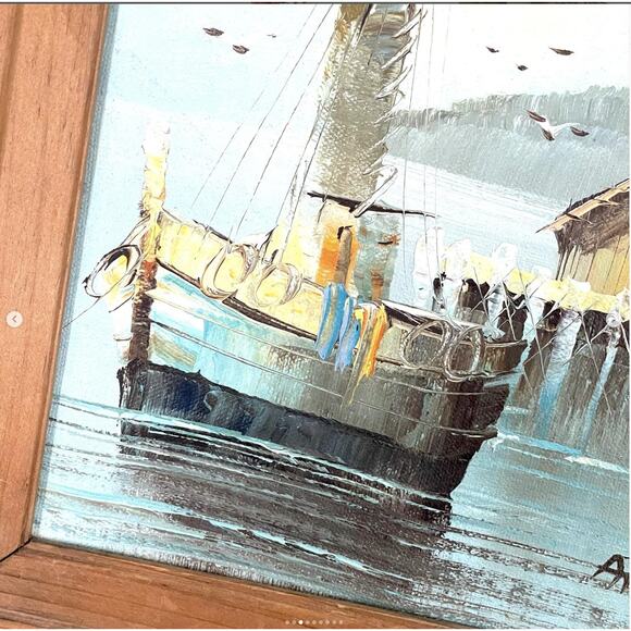 Vintage Boat Painting Canvas Signed Docked Harbor Framed Water Seascape Scenery - Picture 3 of 9